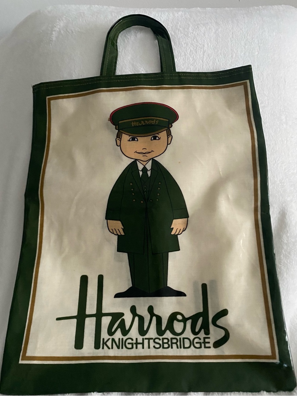 Harrods Green and Cream Canvas Tote with Doorman Graphic